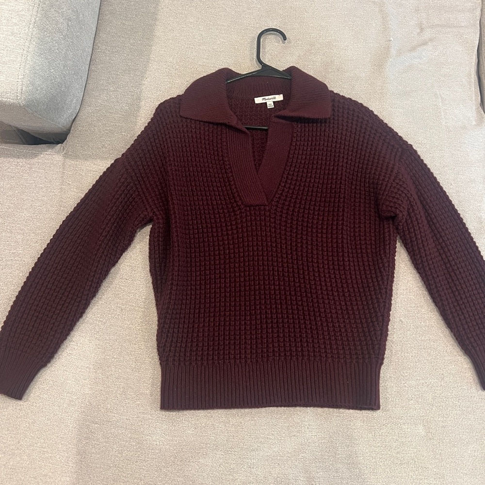 Madewell Burgundy V-Neck Sweater waffle Knit